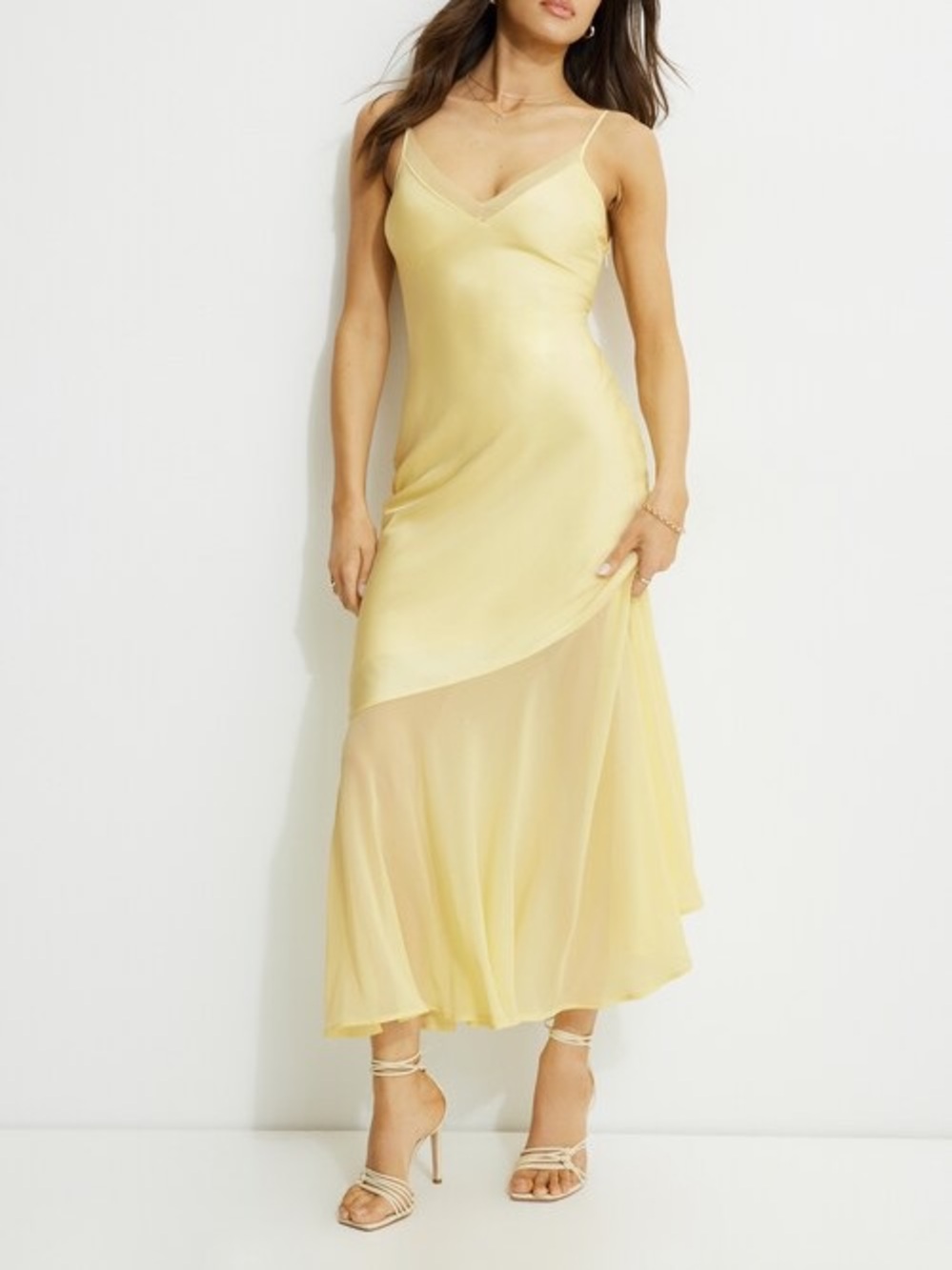 DYNAMITE satin/mesh maxi slip dress in butter yellow